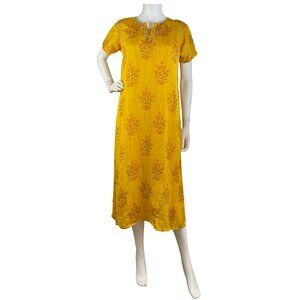 Vintage Kurta 80s Yellow Floral Long Layering Ethnic Tunic Dress Size Medium